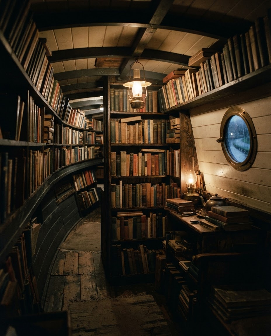 Cosy interior of the Hold Fast Leeds bookshop hull lined with book shelves