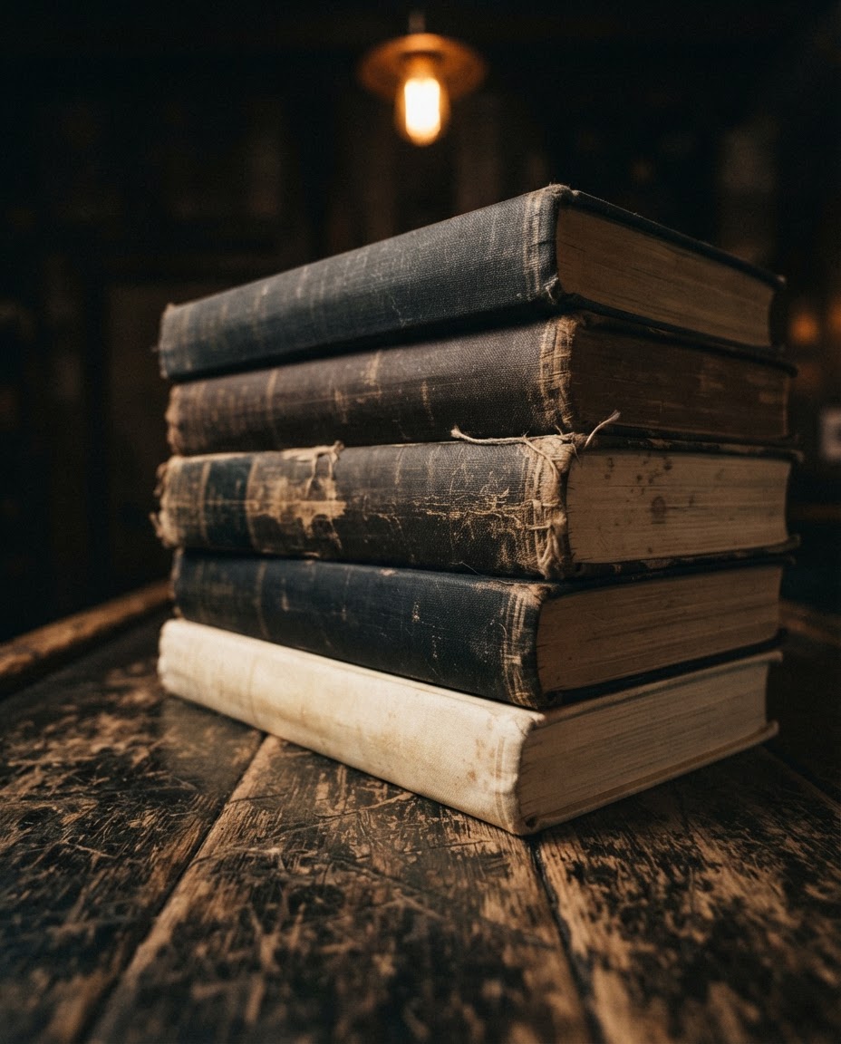 Stack of vintage books aboard the Hold Fast Leeds bookshop