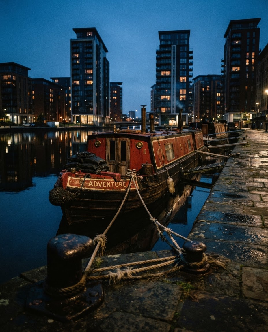 The Hold Fast Leeds coal barge moored at Leeds Dock at dusk